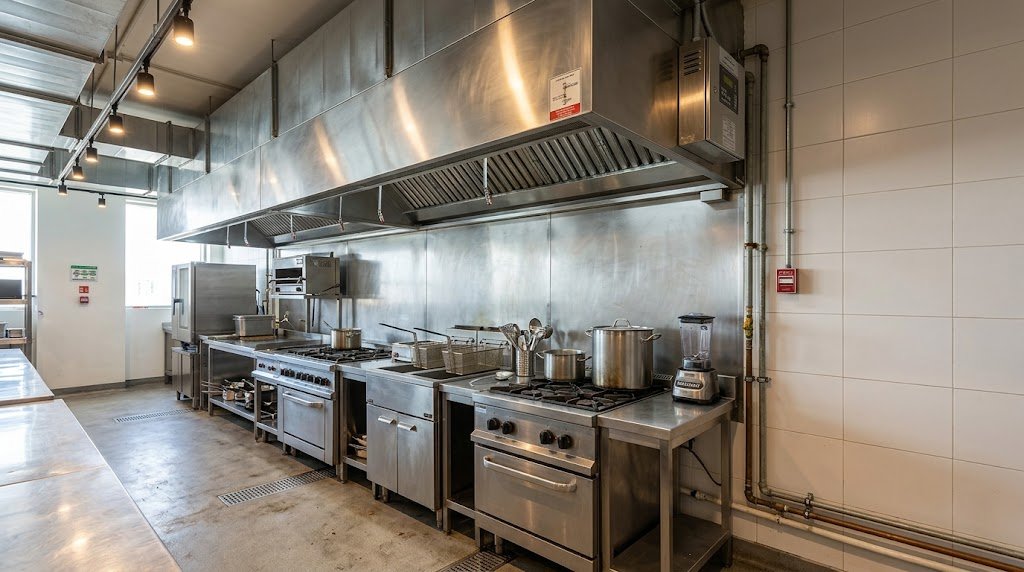 Commercial kitchen fire suppression system installed under a stainless steel hood