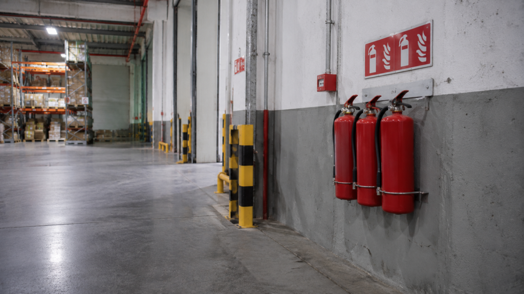 Fire extinguishers installed inside a building facility