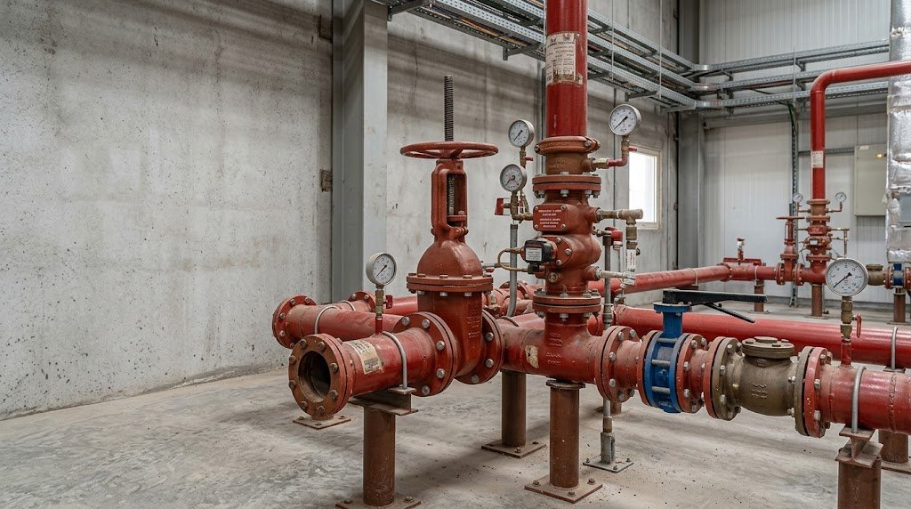 Fire protection valves and network components installed in a mechanical service area