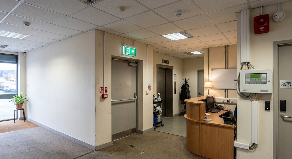 Fire rated door installed in a building corridor