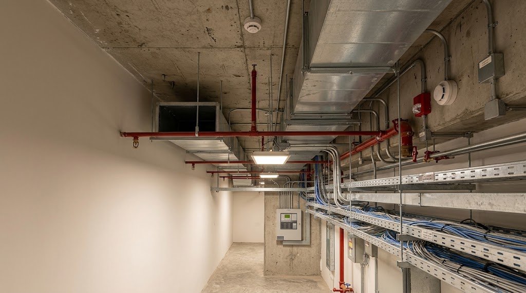 MEP fire safety and low current systems integrated inside a technical service corridor